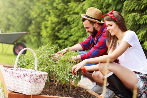 Local gardener pruning shrubs and improving soil in an Edmonton yard